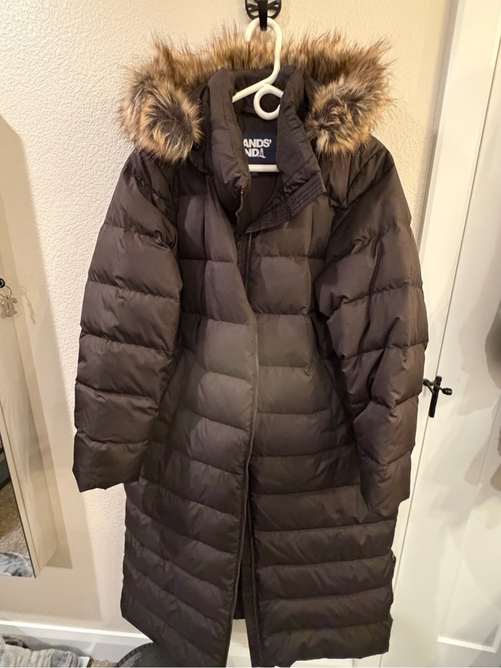 Lands' End Women's Long Brown Quilted Down Puffer Coat with Faux Fur Hood